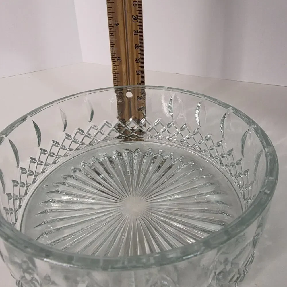 Vintage Clear Pressed Glass Serving Bowl Fleur De Lis Trellis Starburst